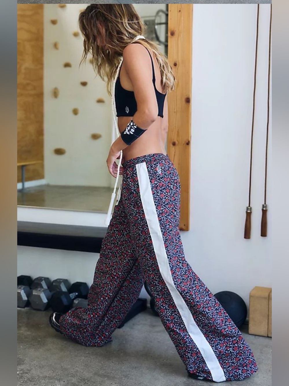 Free People Printed Wide-Leg Lounge Pants in Black & Red - Picture 3 of 3